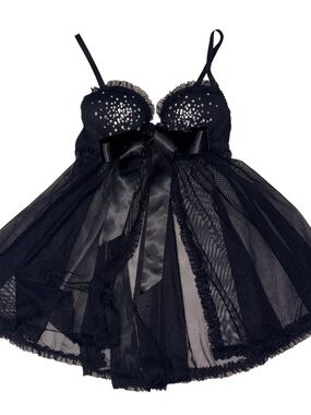 Victoria's Secret Black Sheer Babydoll with Sequin Cups & Satin Bow Sz 34B